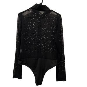 Black Sheer Rhinestone Detail Mock Neck Bodysuit Size 2XL